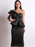 Burgundy Ruffle One Shoulder Peplum Pencil Dress