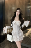Elegant Off - Shoulder White Dress with Snake Print Lace
