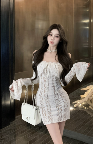 Elegant Off - Shoulder White Dress with Snake Print Lace