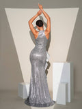 Silver Sequin Damatic Flower Evening Dress with High Slit