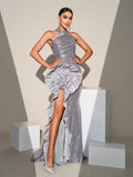 Silver Sequin Damatic Flower Evening Dress with High Slit