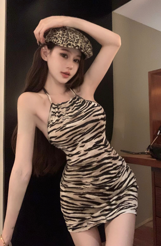 Stylish Zebra - Print Halter Mini Dress with Trendy Cap