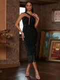 Black Fringe Hem Sequin One-Shoulder Party Dress