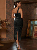 Black Fringe Hem Sequin One-Shoulder Party Dress