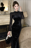 Elegant Black Velvet Gown with Sheer Long Sleeves