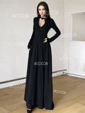 Lace Tie Neck Long Black Maxi Dress