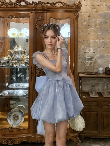 Ruffled Sleeves Oversized Bow Light Blue Bubble Dress
