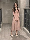 Flowing Skirt Flattering Pink Long-Sleeve Dress