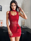 Sheer Waist Red Bodycon Mini Dress