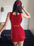 Sheer Waist Red Bodycon Mini Dress