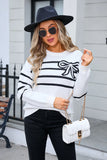 Striped Bow Round Neck Flower Knitted Sweater