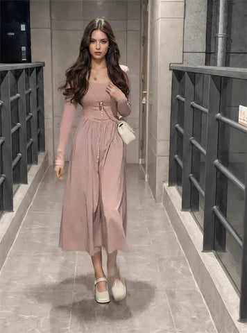 Flowing Skirt Flattering Pink Long-Sleeve Dress