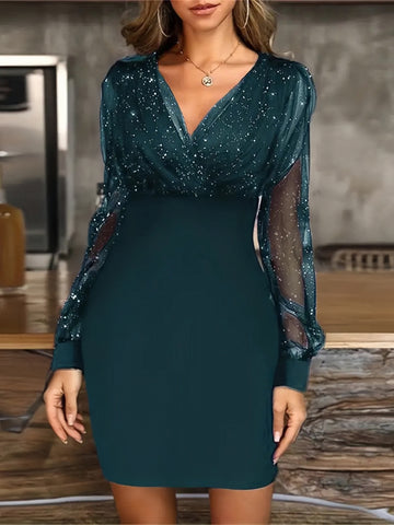 Sequin Stitching Blue Long Sleeve Party Dress