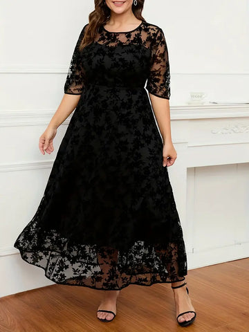 Black Plus Size Lace Embroidery Ruffled Hem Maxi Dress
