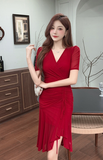 Elegant Red Ruched Midi Dress with V - Neck Design