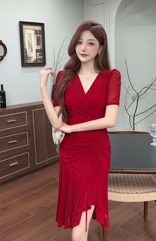 Elegant Red Ruched Midi Dress with V - Neck Design