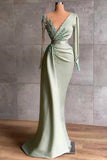 One Sheer Sage Green Satin Mermaid Prom Dress