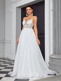 V Neck Sheer Mesh Tulle A Line Wedding Dress