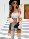 CLASSY CONTRAST COLOR LONG-SLEEVED STRIPED KNIT CARDIGAN