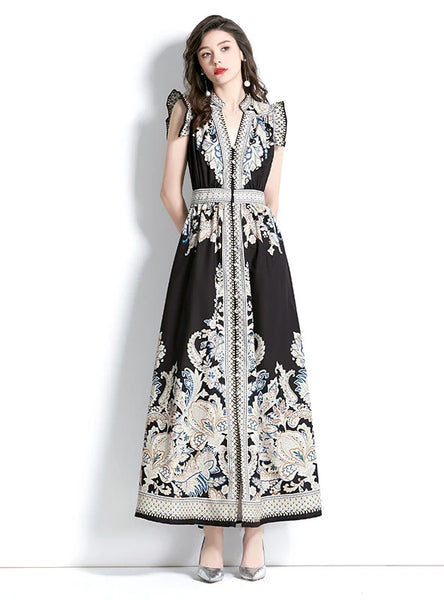 RETRO PALACE STYLE V-NECK PRINTED DRESS