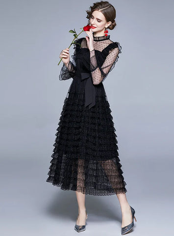 RETRO STAND-UP HORN LONG SLEEVE GAUZE DRESS