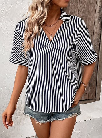 V-NECK STRIPED SHIRT PULLOVER TOP
