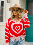 Pullover Love V-neck Cut Fringed Long Sleeve Sweater
