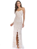 NIGHTCLUB V-NECK SLING SPLIT WHITE LACE DRESS
