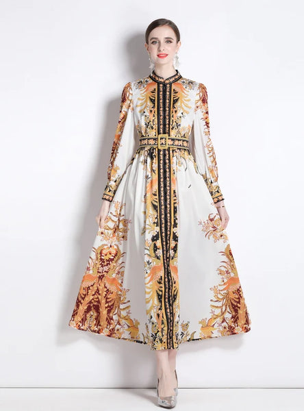 DOUBLE-BREASTED PRINTED PALACE STYLE DRESS