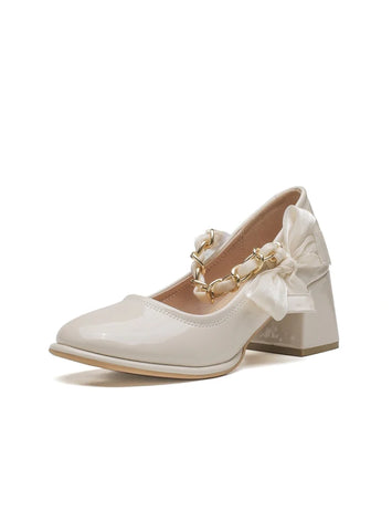 RETRO MARY JANE THICK HEEL BOW CHAIN SHOES