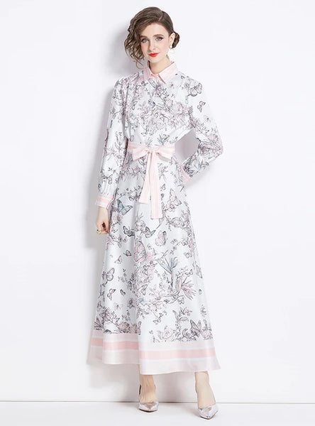 RETRO PRINTED LAPEL LONG SLEEVE DRESS