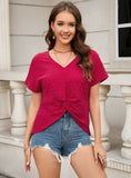 SHORT-SLEEVED SOLID COLOR V-NECK TWISTED SHIRT