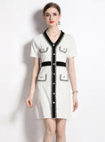 V-NECK SHORT-SLEEVED KNITTED SLIM DRESS