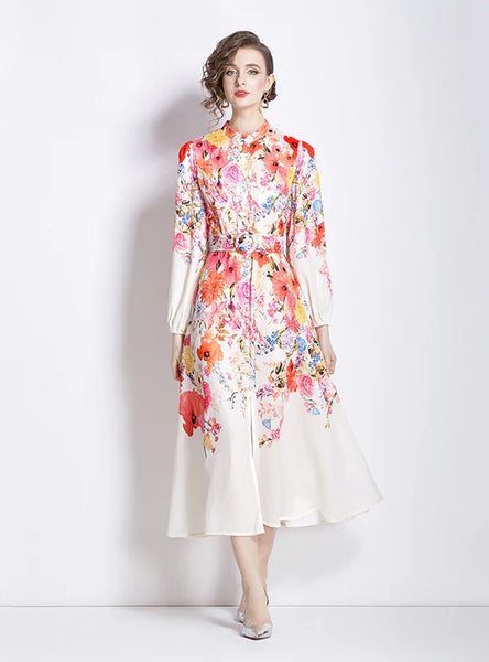 RETRO STAND-UP COLLAR PRINTED SLIM LONG-SLEEVED DRESS