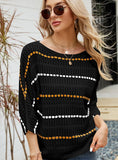 CLASSY STRIPED CROPPED SLEEVE HOLLOW KNIT SWEATER