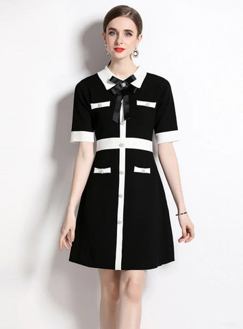 BOW SHORT SLEEVE KNITTED DRESS