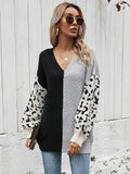 STYLISH LOOSE V-NECK SPLICING LEOPARD PRINT PULLOVER SWEATER