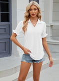 SOLID COLOR LAPEL SHORT SLEEVE PLEATED LOOSE T-SHIRT