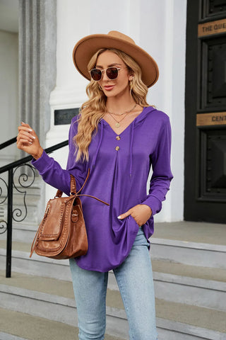 V-NECK BUTTON HOODED LOOSE LONG SLEEVE TOP