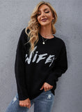 CLASSY CASUAL BLACK ROUND NECK LETTER SWEATER