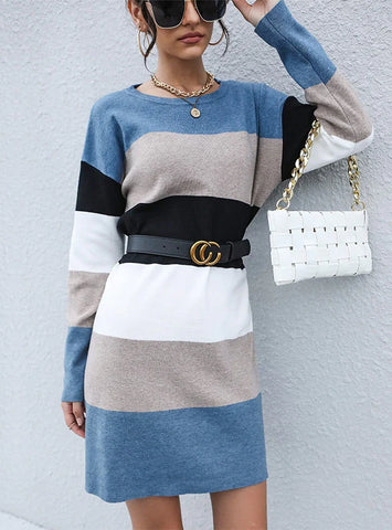 STYLISH TURTLENECK COLOR MATCHING SWEATER DRESS
