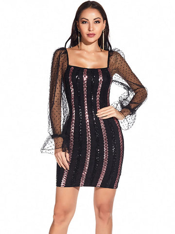 SEXY BACKLESS MESH STITCHING SEQUINED DRESS