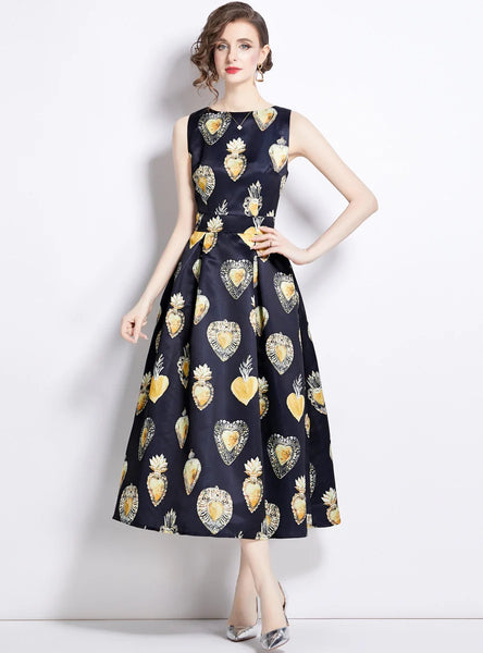 RETRO PRINTED SLEEVELESS SLIM DRESS