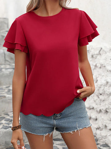 DOUBLE LOTUS LEAF SLEEVE SOLID COLOR TOP