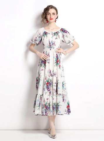 SHORT SLEEVE SLIM CHIFFON PRINT DRESS