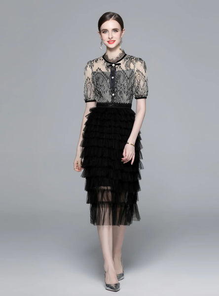 SHORT-SLEEVED BOW LACE GAUZE DRESS