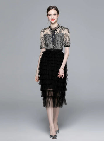 SHORT-SLEEVED BOW LACE GAUZE DRESS