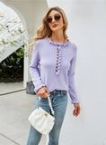 FASHION PULLOVER BUTTON ROUND NECK WOOD EAR SWEATER