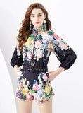 RETRO WOODEN EAR LANTERN SLEEVE SHIRT+SHORTS SUIT