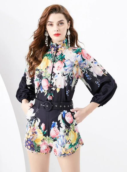 RETRO WOODEN EAR LANTERN SLEEVE SHIRT+SHORTS SUIT
